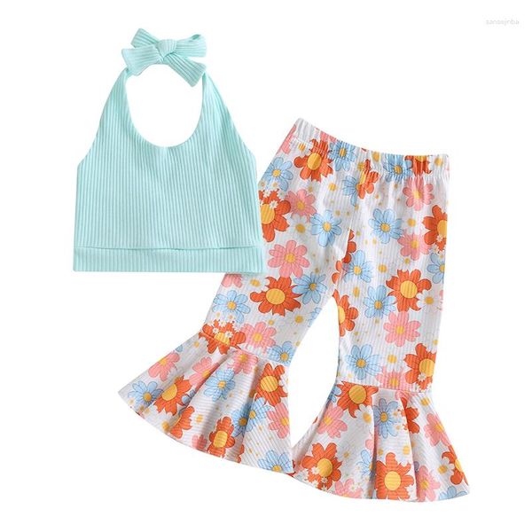Комплекты одежды FOCUSNORM, 2 шт., одежда для маленьких девочек, однотонный жилет с воротником-халтер на шнуровке и расклешенные брюки с цветочным принтом, летняя повседневная одежда