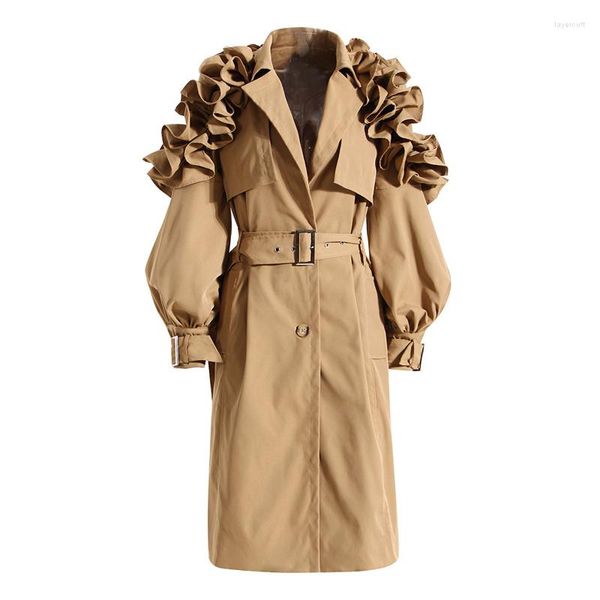 Trench da donna 2023 Autunno Inverno Donna Manica intera Monopetto Telai Spalle Increspature Casual Tinta unita Giacca lunga Capispalla