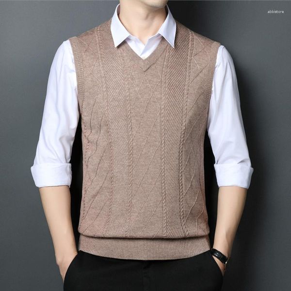 Männer Westen Marke Kleidung Mode Stricken Pullover Ärmellose Pullover Weste 2023 Männer Business V-ausschnitt Argyle