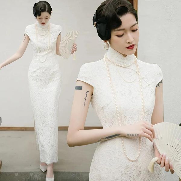 Roupas étnicas estilo chinês noiva laço branco alta divisão cheongsam festa de casamento qipao retro vestido fino vestido de casamento vintage brinde roupas