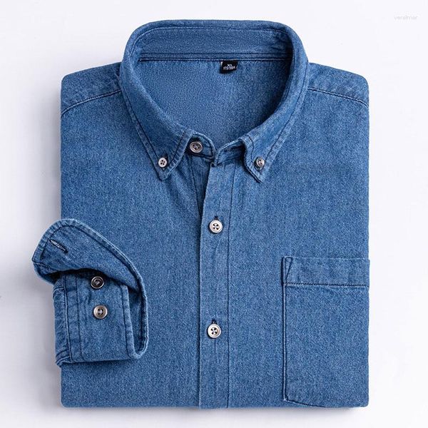 Camisas casuais masculinas denim camisa manga longa algodão macio primavera outono um ou dois bolsos ligeiro elástico jeans cowboy