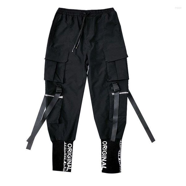 Calças masculinas hip hop homens fitas carga suor moda harajuku 2023 cintura elástica casual streetwear homens corredores calças pretas