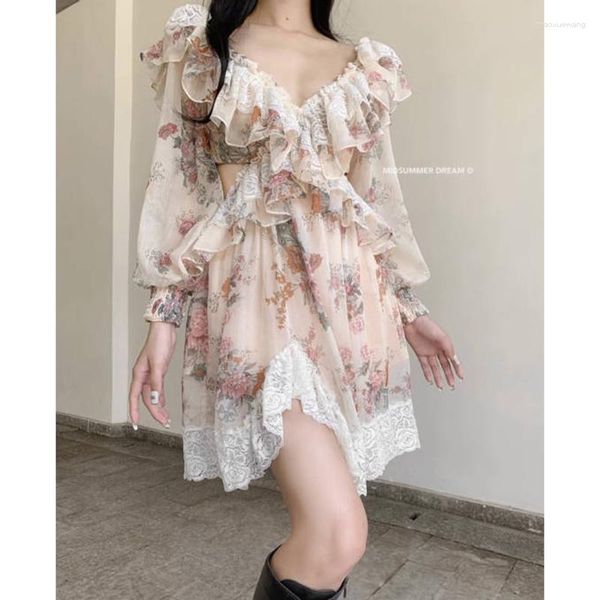 Abiti casual Sweet Lady Girl Summer Ruffles Stampa floreale Abito sexy Backless Tie Up Mini Short Party Evening Patchwork in pizzo Carino