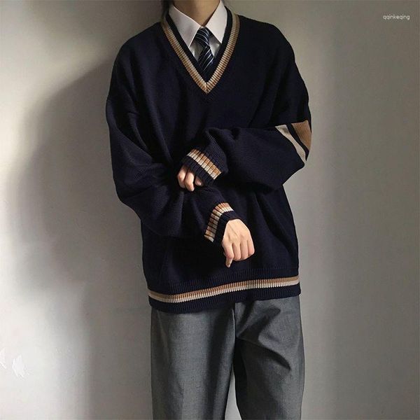 Suéteres masculinos 2023 outono 95% suéter de malha acrílica moda coreana solta casual estilo universitário pulôver com decote em v homens vintage
