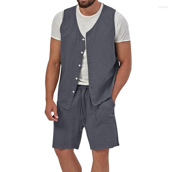 Tute da uomo 2023 Gilet estivo e pantaloncini Casual Set a due pezzi Lino in cotone Solido senza maniche Cardigan con bottoni Canotta Abiti Abiti maschili