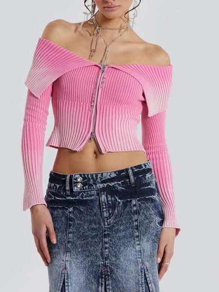 Damenjacken, Damen-Revers-Reißverschluss-Mantel, schulterfrei, lange Ärmel, Farbverlaufsdruck, schmale Passform, gerippte Tops für Damen, Y2K-Streetwear-Herbst