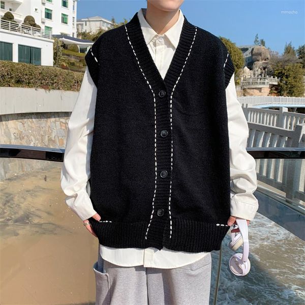 Männer Westen 2023 Herbst Muster Pullover Weste Retro V-ausschnitt Ärmelloses Strick Koreanische Kleidung Student Pullover B265