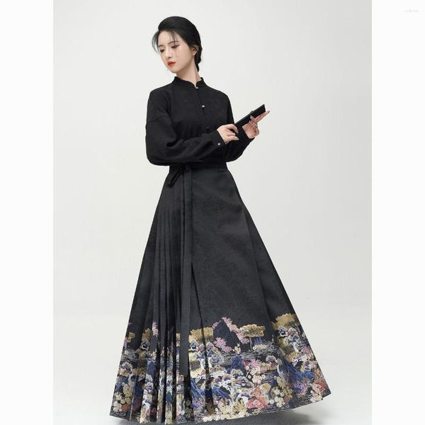 Ethnische Kleidung 2023 Hanfu Exquisite Alles Nationale Stil Stehkragen Kurzes Hemd Bedruckter Pferderock Frühling und Herbst