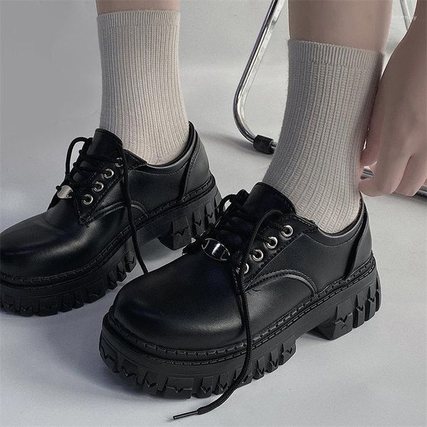 Sapatos de vestido Mulheres Oxfords 2023 Primavera Plataforma Casual Preto Lace Up Sapato de Couro Costura Redondo Toe Chunky Lolita Mary Jane