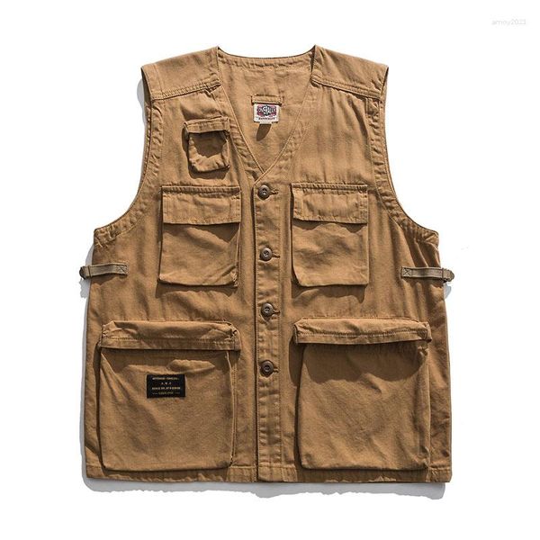 Herrenwesten Männer Sommer Retro Multipocket Weste Herren Vintage lässige Baumwolle Kurzes Safari-Stil Lose Mantel Weste Male Männlich