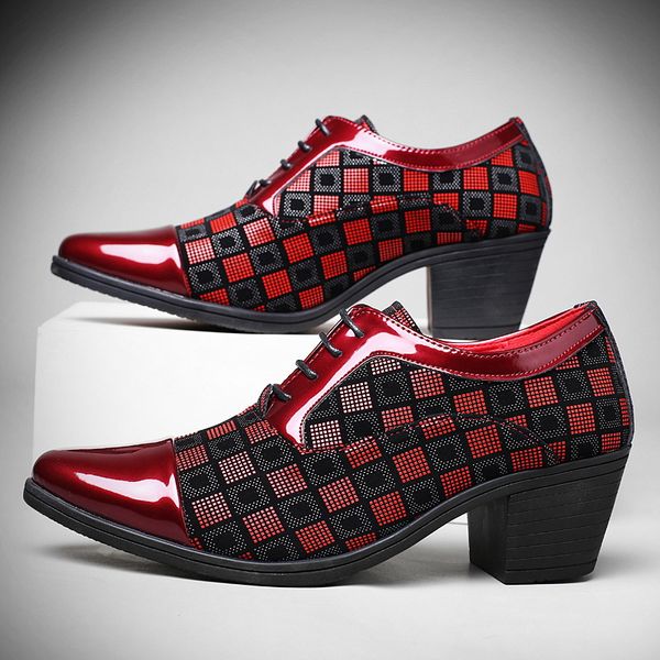 Sapatos de vestido Moda Red Plaid Men's Pointed Couro Alto Salto Homens Altura Aumentando Casamento Zapatos Hombre 230905