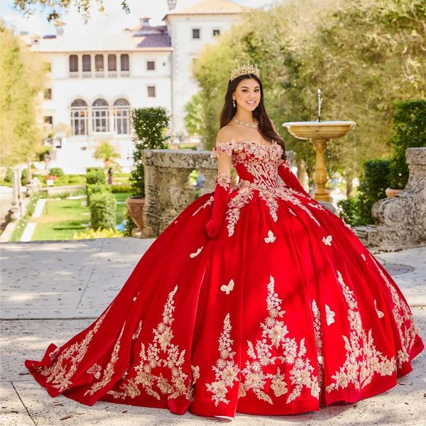 Kırmızı boncuklu balo elbisesi quinceanera elbiseler 3d aplike edilmiş kadife balo önlükleri uzun pelerinli sevgiliye yaka yakı süpürme treni tatlı 15 korse maskeli balo elbise