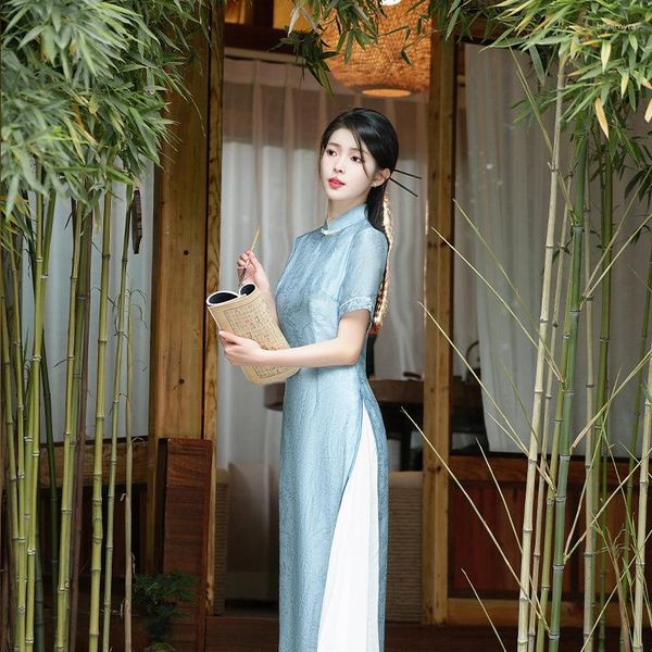 Roupas étnicas elegante longo luz azul melhorado cheongsam vintage casual ao dai diário qipao vestido estilo chinês para mulheres