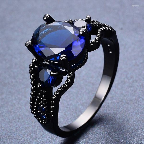 Eheringe Trendy Weiblicher Blauer Kristall Dünner Ring Vintage 14KT Schwarzgold Für Frauen Charme Oval Zirkon Stein Verlobung