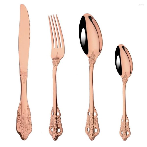 Set di stoviglie Oro rosa 304 Forchetta in acciaio inossidabile Coltello in rame Scoop Cucchiaino Posate Set di posate Stoviglie per la festa nuziale