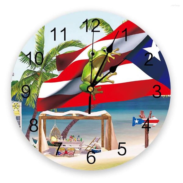 Wanduhren, Puerto Rico-Flagge, Palmenfrosch, Kokosnussbaum, große Uhr, Esszimmer, Restaurant, Café, Dekor, rund, stille Heimdekoration
