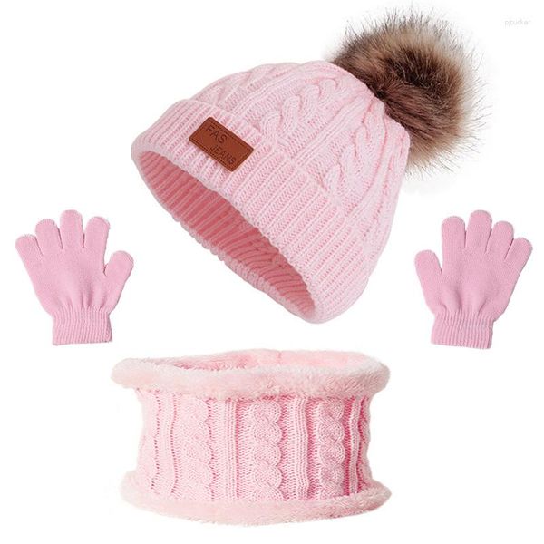 Berets Winter Baby Hut Schal Anzug Drei Stücke Wolle Gestrickte Kinder Beanie Cap Outdoor Dicke Warme Für Mädchen Junge pompoms Stricken