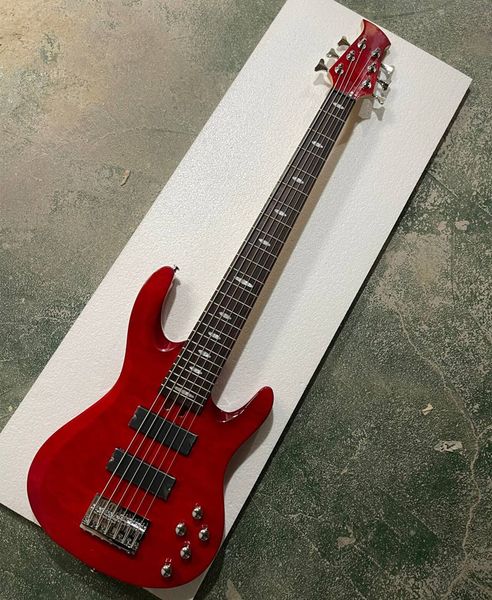 Rosewood Fingerboard 6 Cordas Red Body Electric Bass Guitar com White Pearl Inlay, pode ser personalizado