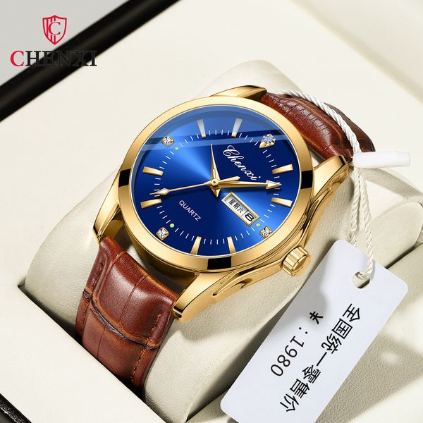 Relógios de pulso CHENXI 022 Calendário Duplo Negócios À Prova D 'Água Cinto Quartz Watch Mens Genuíno Venda Direta Montre Hommes 230905