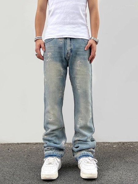 Jeans masculinos high street retro angustiado borda áspera perna reta com solto lavado micro flared versátil calças compridas homens