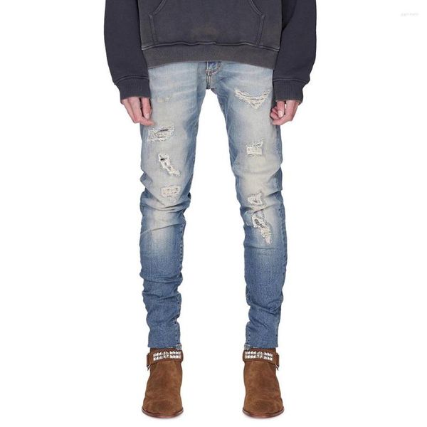 Calças de brim masculinas moda estiramento riscado buracos magro ajuste hip hop homens denim calças lápis calças streetwear azul preto