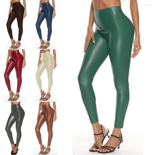 Leggings femininas 2023 calças de couro cintura alta mulheres sexy elástico magro push up estiramento jeggings ascensão calça verde