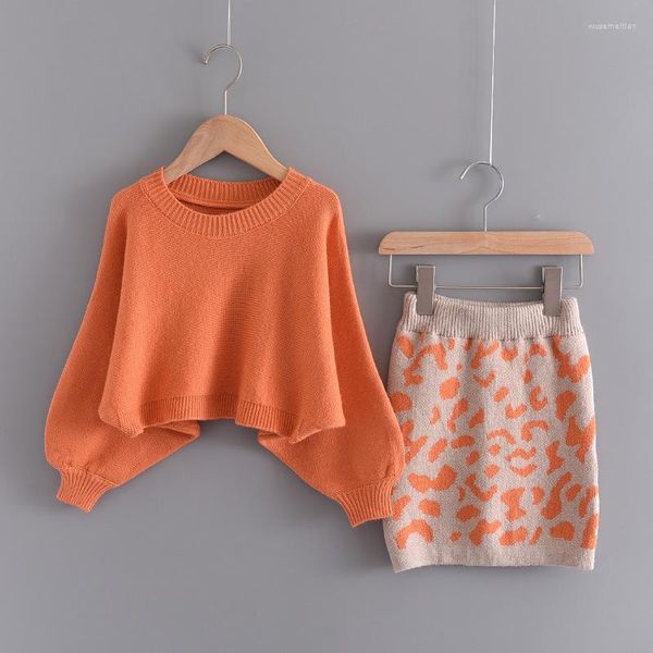 Kleidung Sets 2 stücke Mädchen Casual Thermo Strickpullover Leopardenmuster Rock Set Für Winter Party Orange