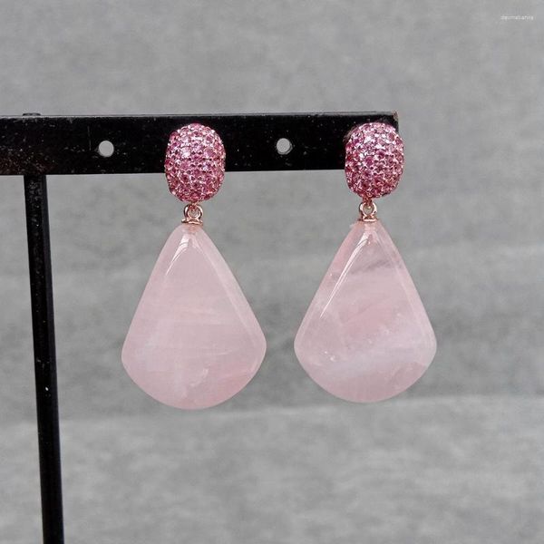 Ohrstecker KKGEM 20x25mm Fuchsia Cz Pave Natürlicher Rosenquarz Fächerförmiger Tropfen-Edelstein