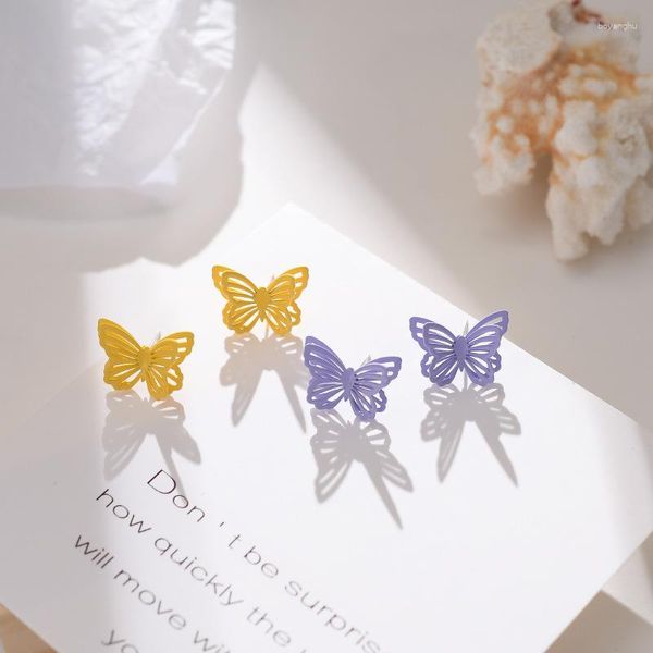 Stud Küpe Macaron Moda Hollow Butterfly 925 Gümüş Kız Hediyesi Fransız Kore tarzı Peri Kız Tatlı Küpeler Mor Sarı