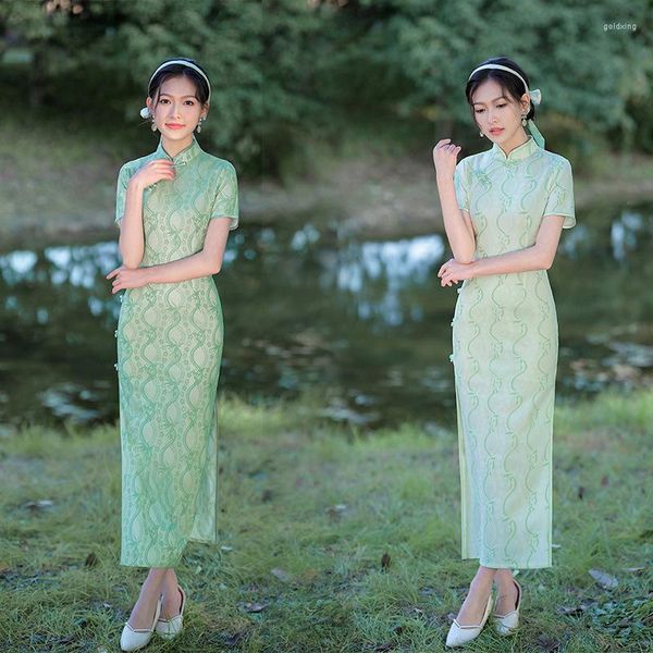 Ethnische Kleidung 2023 Ankunft Frauen Grüne Spitze Qipao Vintage Chinesischen Stil Cheongsam Sommer Sexy Party Kleid Vestidos