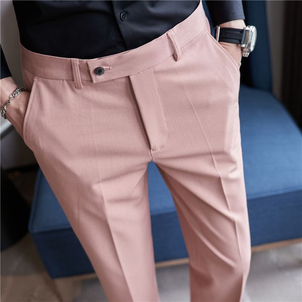 Pantaloni da uomo Completo alla moda Rosa Blu Stretch Slim Fit Business Casual Pantaloni lunghi Stile coreano Qualità Bello per uomo 230906