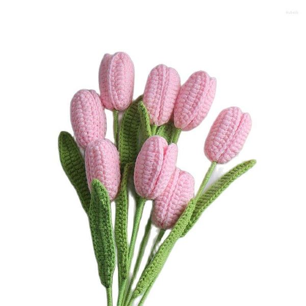 Flores decorativas 10 pçs botões de tulipa rosa artificial artesanal de malha tulipas buquê vermelho caixa de presente diy material arranjo de flores