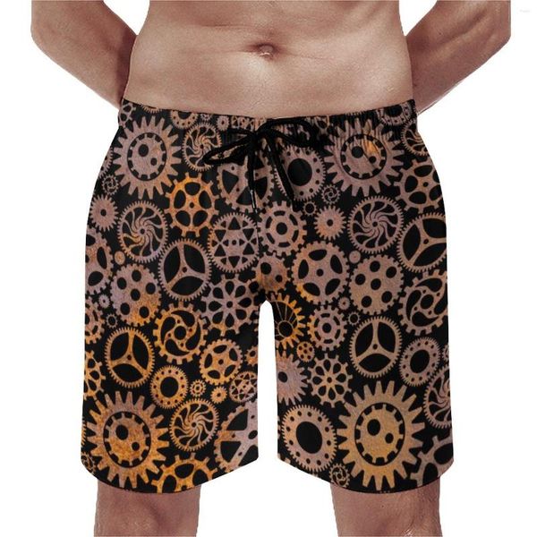 Shorts Masculinos Steampunk Print Board Cintura Elástica Masculino Praia Rusty Gears Calças Plus Size