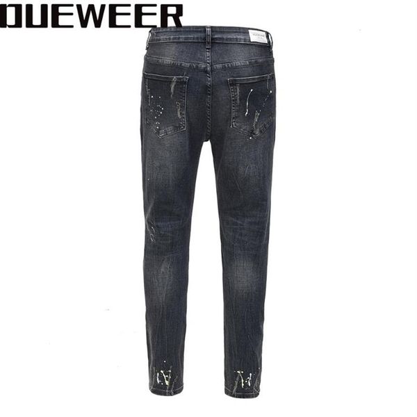 Dueweer swag lavado destruído jean streetwear joelho buraco biker jeans masculino tendência moda respingo tinta calças de brim magros para men243a