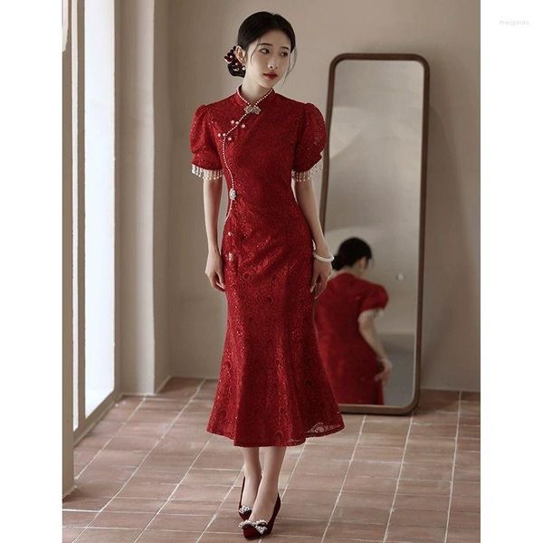 Etnik kıyafetler Yourqipao Fishtail Cheongsam Düğün Tost Dantel Kırmızı Nişan Elbise Kadın Çince Geliştirilmiş Versiyonu