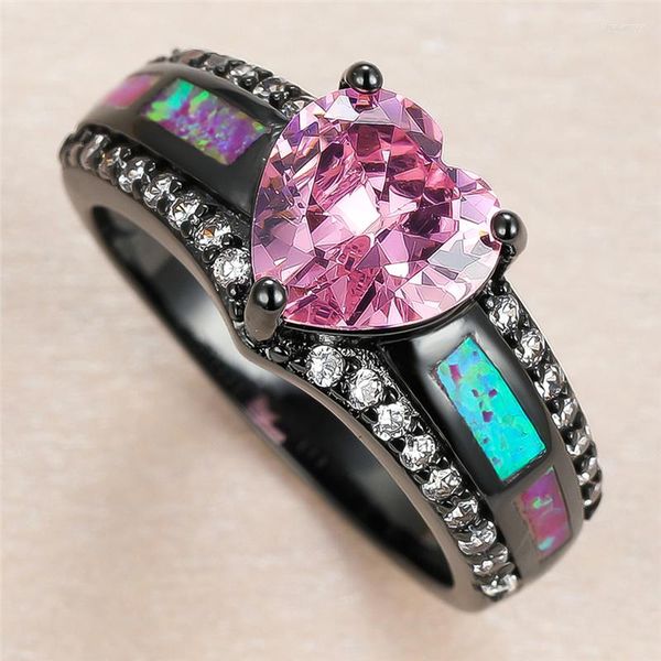 Eheringe Luxus Weibliche Liebe Herz Kristall Ring Charme Schwarz Gold Groß Für Frauen Punk Braut Rosa Opal Stein Engagement