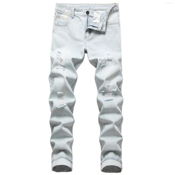 Herren-Jeans, Denim, helle Farbe, gerade, große Größe, lässig, lange Hose, Trend, Loch, ruiniert, klassisch