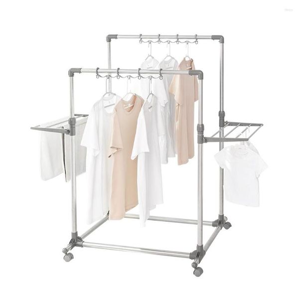 Kleiderbügel BAOYOUNI Metallbeweglicher Doppelschienen-Kleiderständer Verstellbarer Kleiderständer Wäschetrocknungsregal mit Handtuchstangen