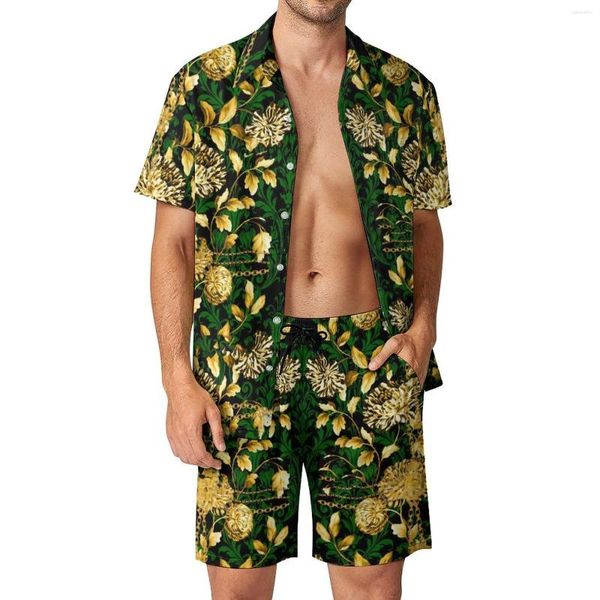 Fatos masculinos ouro verde damasco férias homens define corrente floral camisa casual conjunto verão shorts personalizados 2 peça terno vintage plus size