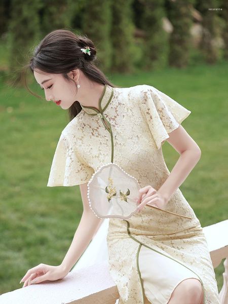 Roupas étnicas Verão Elegante Lace Qipao Mandarim Collar Manga Curta Cheongsam Vestidso Vestido Chinês