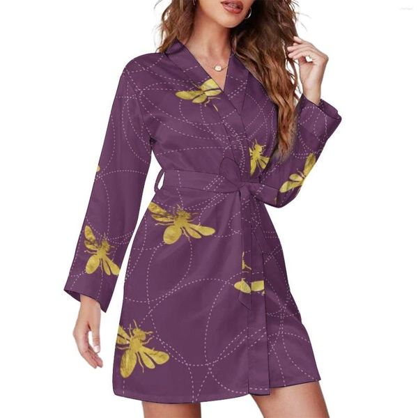 Mulheres sleepwear abelhas de ouro pijama robe feminino animal abelha impressão casual solto camisola de manga longa v pescoço pijamas robes outono bonito