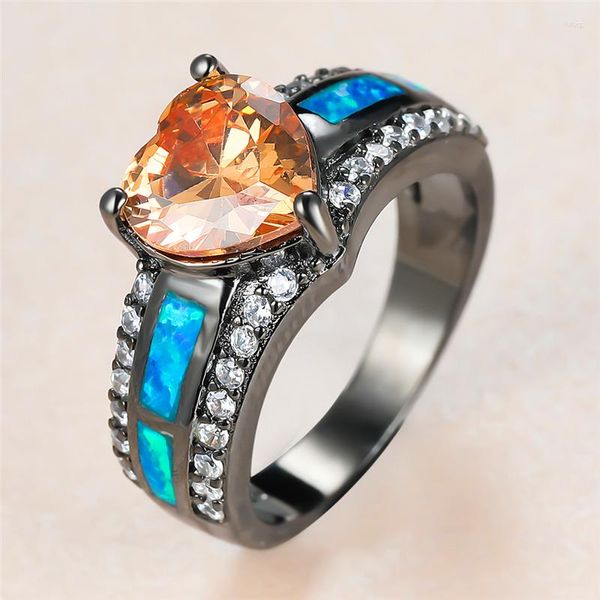 Fedi nuziali di lusso femminile champagne cuore anello di cristallo fascino 14KT oro nero per le donne carino sposa blu opale fidanzamento