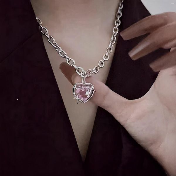 Ketten Y2K Rosa Diamant Herz Anhänger Halskette Für Frauen Liebhaber Schlüsselbein Kette Chocker Weibliche Pfirsich Galaxy Schmuck Geschenke