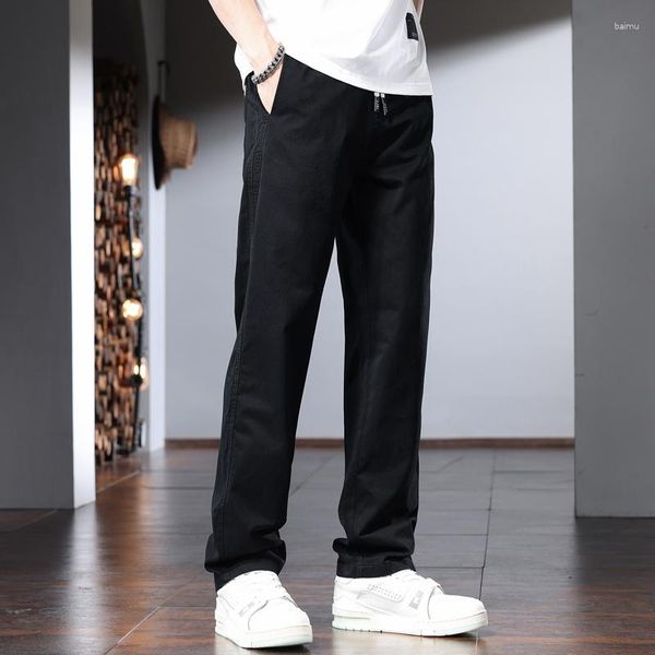 Pantaloni da uomo Estate Nero Casual Uomo Cotone Regular Gamba Dritta Pantaloni con Coulisse in Vita Elastica