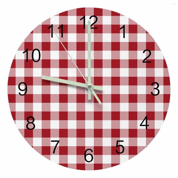 Orologi da parete Stile pastorale Plaid rosso Orologio con puntatore luminoso Ornamenti per la casa Rotondo silenzioso Soggiorno Camera da letto Arredamento per ufficio