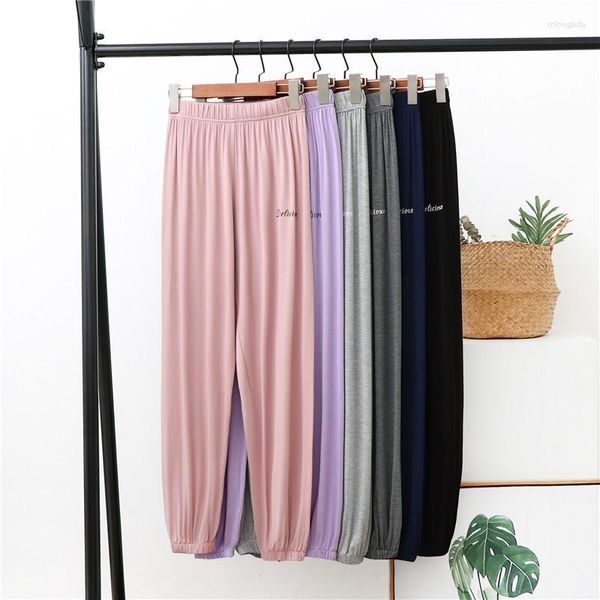 Pijamas femininos cor sólida calças de pijama macio modal casa para primavera e verão solto esportes femininos