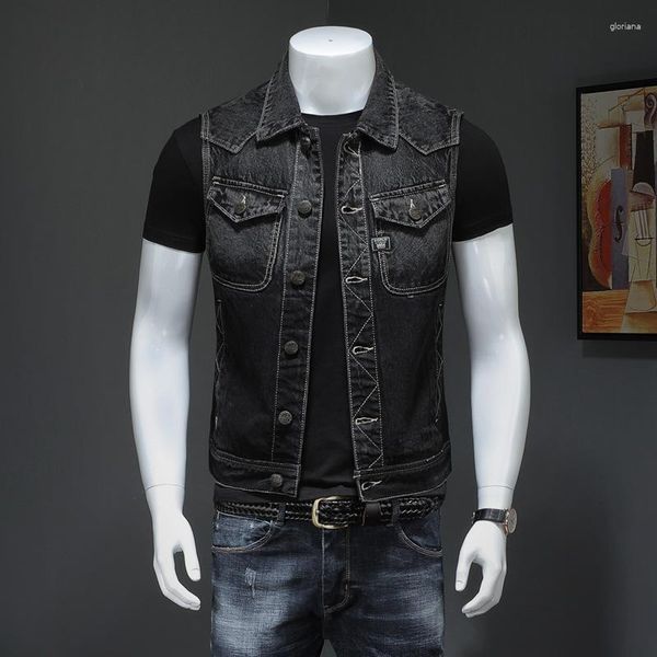 Мужские жилеты, черный брендовый мужской мотоциклетный джинсовый жилет, весна-осень, классический байкерский джинсовый жилет без рукавов, мужской облегающий повседневный жилет