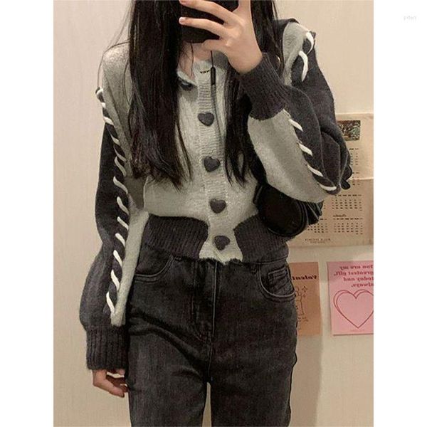 Malhas femininas deeptown harajuku y2k cinza recortado camisola cardigan feminino kpop streetwear patachwork design jumper coreano malha topos