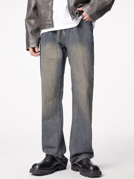 Jeans masculinos Yihanke American Retro Solto Ligeiramente Bootcut Ruffian Bonito e Alto Fino Calças Largas Baggy