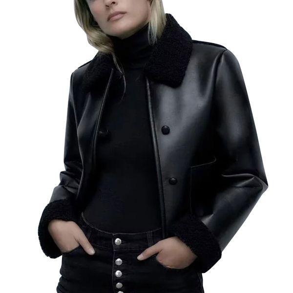 Chaquetas para mujer Chaqueta de cuero vintage Damas Invierno Abrigo negro Doble cara Corta Falsa Nieve Outwear Mujer 230906